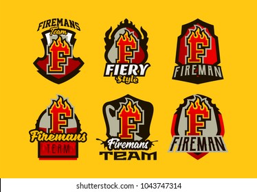 A set of colorful badge, emblems, logos, stickers on the theme of the work of firefighters. Burning letter, fire, shield, background. T-shirt printing, vector illustration