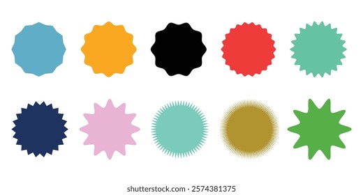 set of colorful badge and label shapes with starburst designs in various colors, colorful starburst shapes, vintage labels. 