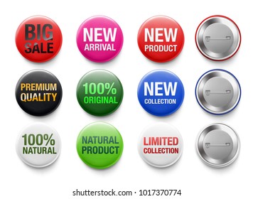Set of colorful badge mockup. Vector realistic illustration on white background, ready and simple to use for your design. EPS10.