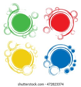 Set of colorful badges with abstract circles. One big circle in the center and some smaller rings around it. Template for discount promotions, infographics and web. Vector eps8 illustration.