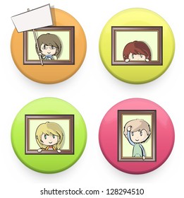  Set of colorful badges with kids into a frame. Vector design.
