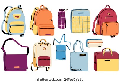 Set of colorful bags different shapes. Collection of backpack for children. Hand drawn vector vector illustration isolated on white background. Modern flat cartoon style.