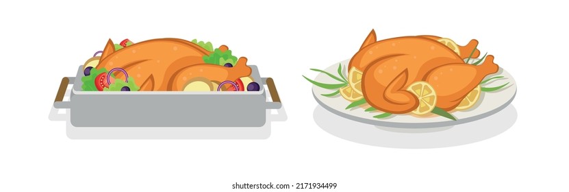 Set of colorful baked chicken in cartoon style. Vector illustration of chicken in a pan with garnish and on a plate with lemon on white background.
