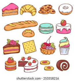 Set of colorful bakery icons in hand drawn style. Sweet food.