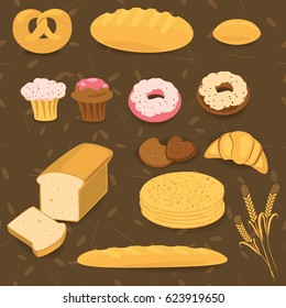 Set of colorful bakery icons muffins loaves of bread bagel croissants cakes and donuts vector clipart illustration