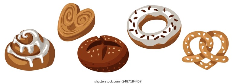 Un conjunto de productos de panadería de colores, una ilustración natural. Cinnabon, hojaldre, pan, donut, pretzel. Esquema de color natural. Hornear a partir de diferentes tipos de masa. Para envasado en cafeterías, panaderías