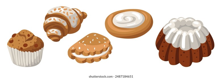 Set of colorful bakery products with a natural illustration. Cupcake, muffin, cookies, cottage cheese, croissant. Natural color scheme. Baking different types of dough. Packaging in cafes, bakeries