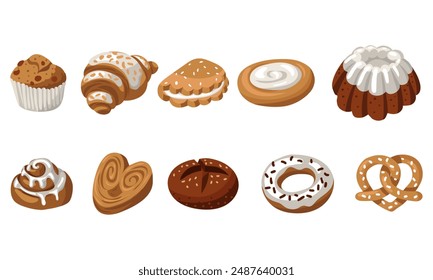 Conjunto de productos de panadería de colores, una ilustración natural. Cinnabon, hojaldre, pan, donut, pretzel, puff, pan, donut, pretzel. Hornear a partir de diferentes tipos de masa. Embalaje en cafeterías, panaderías