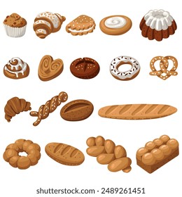 Conjunto de productos de panadería coloridos con una ilustración natural. Magdalena, magdalena, galletas, queso cottage, croissant, esquema. pan, cesta, bagel. Hornear diferentes tipos de masa. Embalaje en cafés, hornear