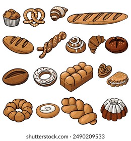 Conjunto de productos de panadería coloridos con una ilustración natural con un contorno. Magdalena, magdalena, galletas, queso cottage, croissant, esquema. un pan, una canasta, un bagel. Hornear a partir de diferentes tipos de masa