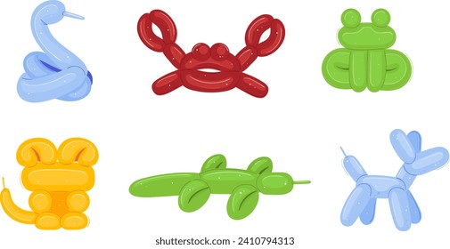 Set of colorful balloon animals including snake, crab, frog, lion, caterpillar, and dog. Children's party entertainment and balloon artistry vector illustration.