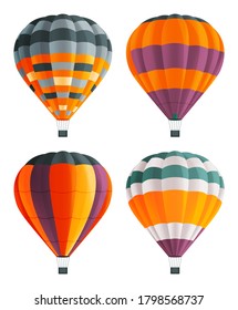 Set of colorful balloon for flights. Hot aircraft. Flying in the clouds on bright airship. Cartoon airy flying hot air machines. Varicoloured stripes aerostats. Balloons festival. Flat image