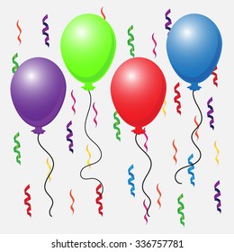 set of colorful balloons. in the background falling confetti