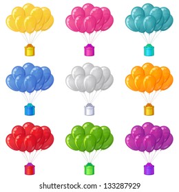 Set of colorful balloons bunches flying with gift boxes. Eps10, contains transparencies. Vector