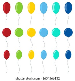 Set of colorful balloons in cartoon flat style isolated on white background. Vector