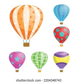 Set of colorful balloons in cartoon style. Vector illustration of air transport on white background.