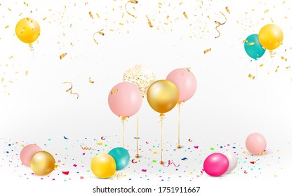 Set of colorful balloons with confetti. Celebrate a birthday, Poster, banner happy anniversary. Realistic decorative design elements. Festive background with confetti flying on the floor and balloons.