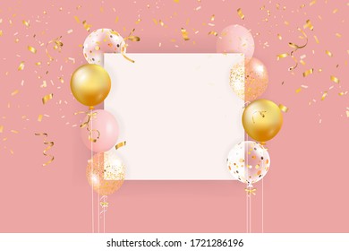 Set of colorful balloons with confetti and empty space for text. Realistic background for birthday, anniversary, wedding, holiday congratulation banners. Festive template for social media. vector.
