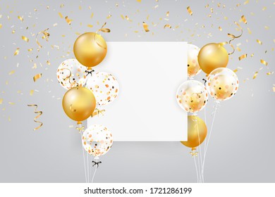 Set of colorful balloons with confetti and empty space for text. Realistic background for birthday, anniversary, wedding, holiday congratulation banners. Festive template for social media. vector.
