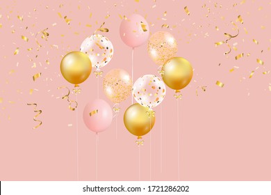 Set of colorful balloons with confetti and empty space for text. Realistic background for birthday, anniversary, wedding, holiday congratulation banners. Festive template for social media. vector.
