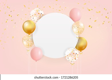 Conjunto de globos coloridos con confetti y espacio vacío para texto. Antecedentes realistas para cumpleaños, aniversario, boda, carteles de felicitación por festividades. Plantilla festiva para medios sociales. vectorial.
