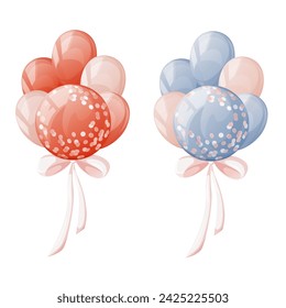 A set of colorful balloons with confetti inside. Red and blue balloons with bow, ribbon. Vector illustration in cartoon flat style on isolated background. For holiday, birthday, present, gender party