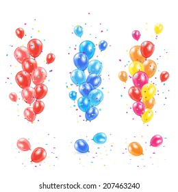 Set of colorful balloons and confetti on white background, illustration. 
