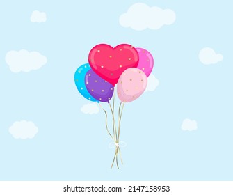 Set of colorful balloons. Congratulations on your birthday, wedding. Bright postcard, blue sky with clouds. Vector illustration.
