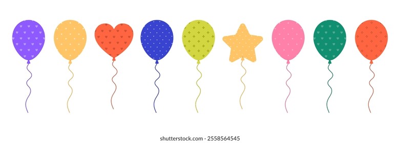 Set of colorful balloons with different patterns. Flying baloons for birthday, anniversary celebration. Decoration for banner, greeting card. Vector flat illustration isolated on white background