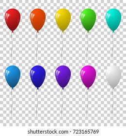 Set of colorful balloons for festive design. Isolated on transparent background. Vector illustration.