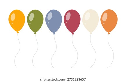 Set of colorful balloons floating on strings in flat vector style. Festive decorative objects isolated on white, perfect for birthday parties, celebrations, kids events, invitations, posters, cards, banners, packaging, branding and joyful