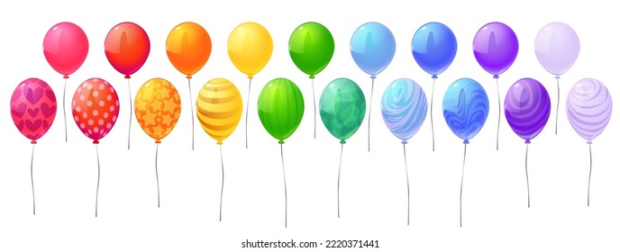 Conjunto de globos coloridos inflados con helio aislado sobre fondo blanco. Dibujo vectorial de dibujos animados de la decoración de fiesta de vacaciones monocroma y con diferentes ornamentos. Accesorios de celebración