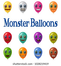 Set of Colorful Balloons with Monster Faces, Cute Funny Characters for Your Design, Isolated on White Background. Eps10, Contains Transparencies. Vector