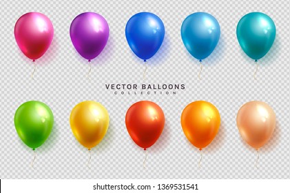 Set of colorful balloons on a transparent background. Vector objects in realistic style.