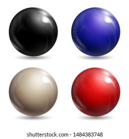 Set of colorful balls with shadows from below realistic vector isolated on white background. Shiny, metallic spheres with various light reflections on chrome surface 3d illustrations collection