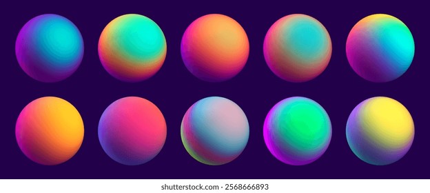 Set of colorful balls with various vibrant and vivid smooth gradient colors for creative digital artwork designs. Colorful spheres set with blurred colors for creative projects. Vector illustration