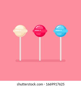 Set of colorful ball-shaped cartoon lollipop sweet candies. Vector illustration on coral pink background 