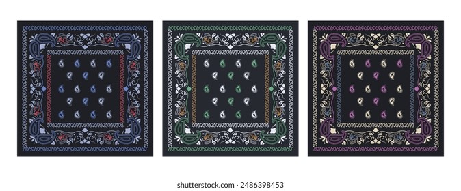 Set of colorful bandanas. Abstract seamless pattern for kerchief, fabric patchwork.