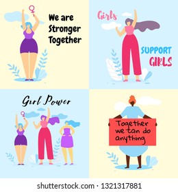 Set of Colorful Banner with Brave Feminist Girls Struggle for Women Rights, Feminism Quotes. Girl Power, Feminine Idea, Woman Empowerment. Womans Day Greeting Cards. Cartoon Flat Vector Illustration