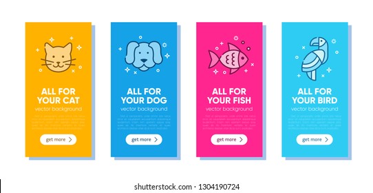 Set Of Colorful Banner Template For Pet Shop, Veterinary Clinic, Pet Store, Zoo, Shelter. Card, Flyer, Banner, Poster For Advertisement. Flat Style Design, Vector Illustration.