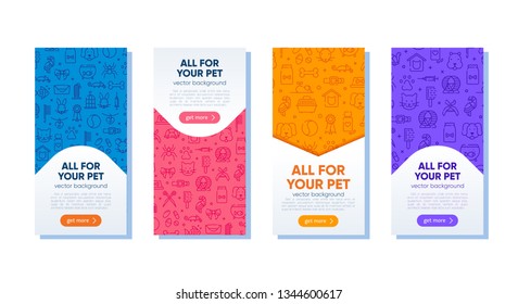 Set of colorful banner template for pet shop, veterinary clinic, pet store, zoo, shelter. Card, flyer, banner, poster for advertisement with outline pattern. Flat style design, vector illustration.