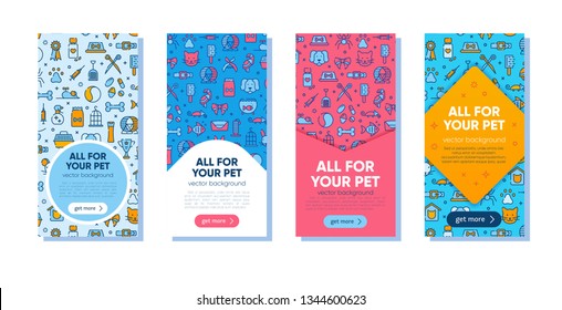 Set Of Colorful Banner Template For Pet Shop, Veterinary Clinic, Pet Store, Zoo, Shelter. Card, Flyer, Banner, Poster For Advertisement With Outline Pattern. Flat Style Design, Vector Illustration.