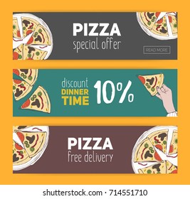 Set of colorful banner templates with hand drawn pizza cut into slices. Special offer, dinner time discount and free meal. Vector illustration for Italian restaurant, pizzeria, delivery service.