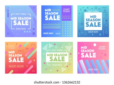 Set of Colorful Banners with Abstract Geometric Pattern for Mid Season Sale. Promo Post Design Templates for Social Media Digital Marketing. Flyers for Influencer Brand Promotion. Vector Illustration