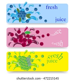 Set of colorful banners for advertising fresh juices. Berries - blueberries, cherries and grapes. Vector illustration.