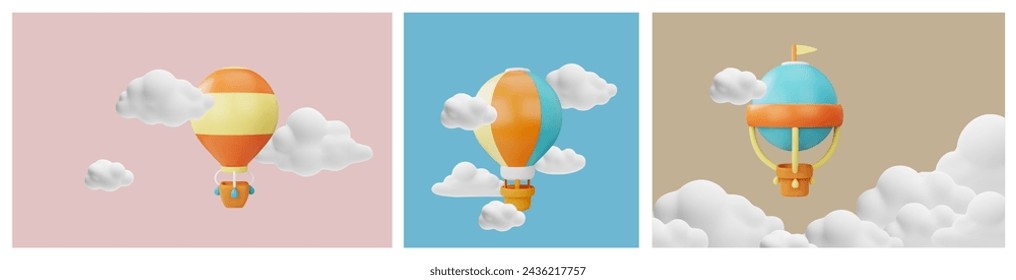 Set of colorful banners with hot air balloons flying among cloud 3D style, vector illustration isolated on white background. Decorative design elements collection, recreation and journey