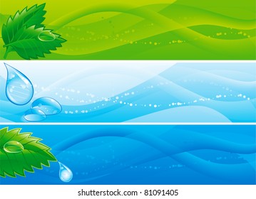 set of colorful banners with leaves and drops of water