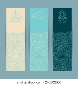 Set of the colorful banners with nautical design elements in doodle style on the marine background