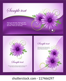 Set of colorful banners with purple daisy flowers. Easy to edit. Perfect for invitations or announcements.