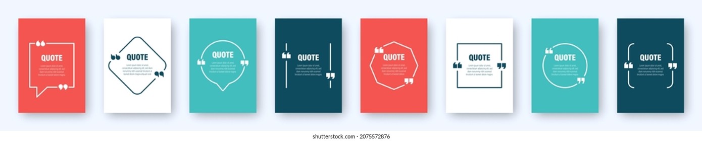 Set of colorful banners with quote frames. Speech bubbles with quotation marks. Blank text box and quotes. Blog post template. Vector illustration.